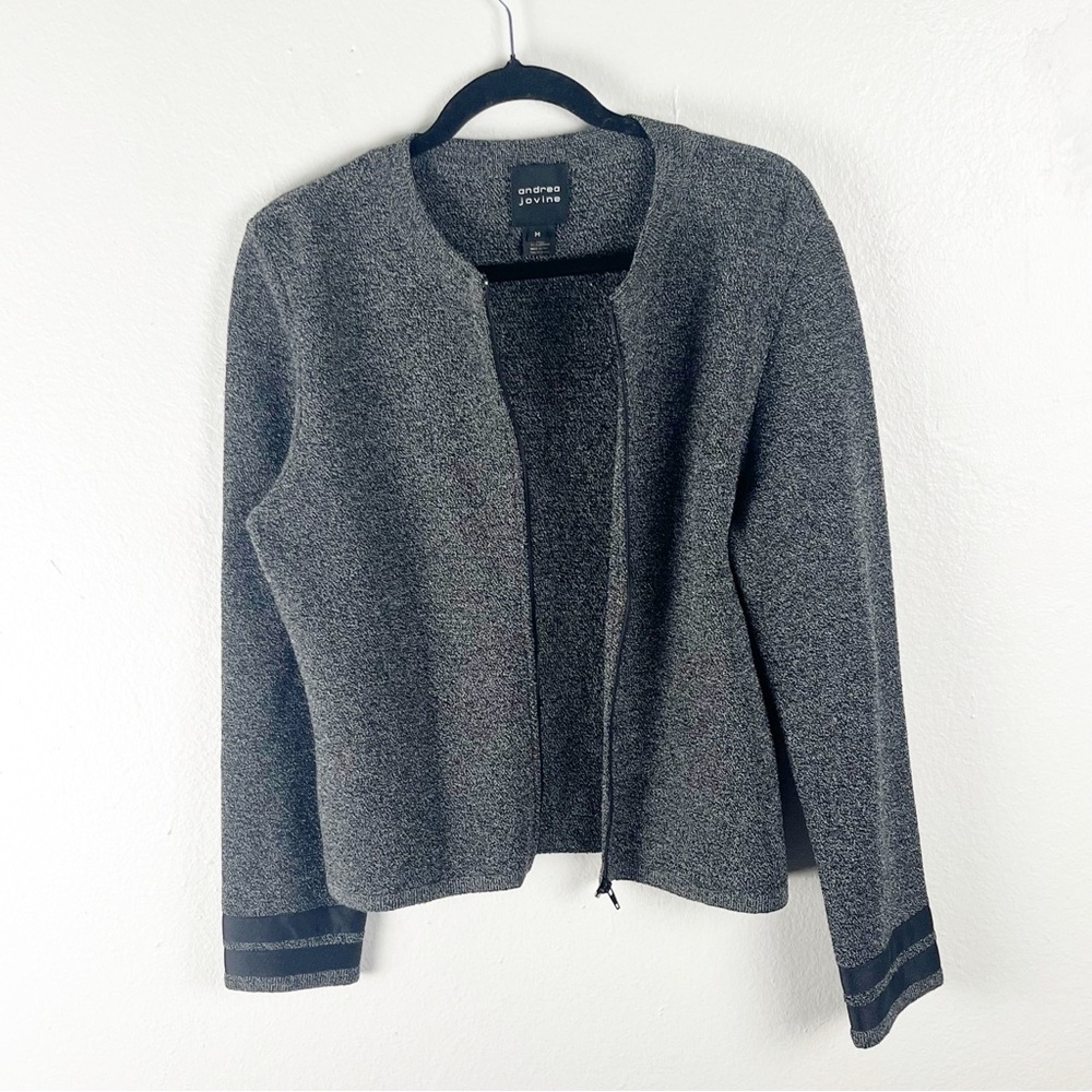 ANDREA JOVINE Gray Marled Wool Blend Front Zipper Long Sleeves Cardigan Medium